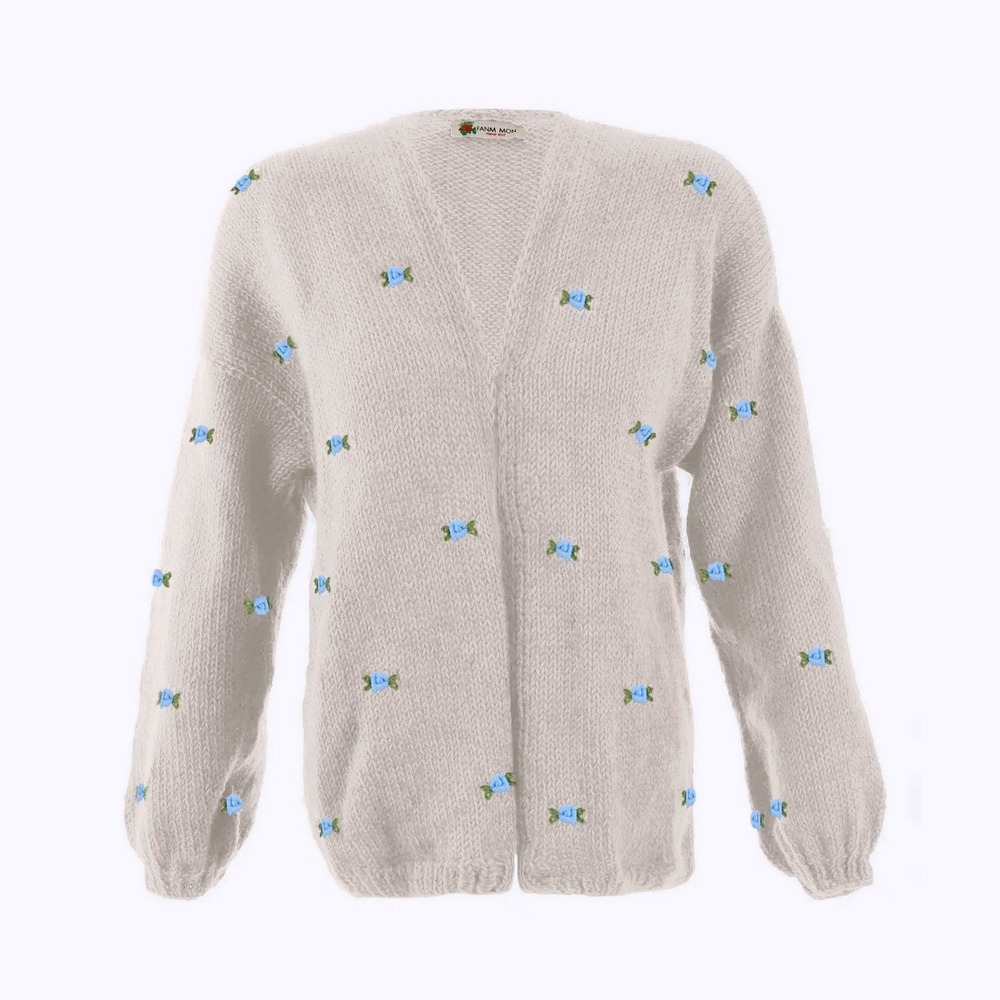 Fanm Mon Womens M/L Medium Large Open Face Blue Rose Ivory Knit Cardigan
